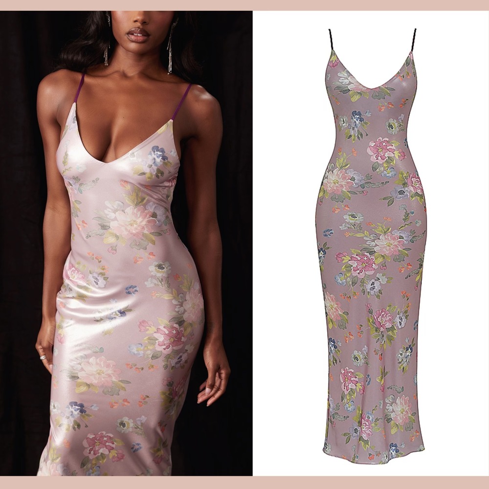 NEW $225 House of CB [ Small ] V Neck ARIA Mauve Floral Maxi Slip Dress‎ #7097 - Picture 3 of 16